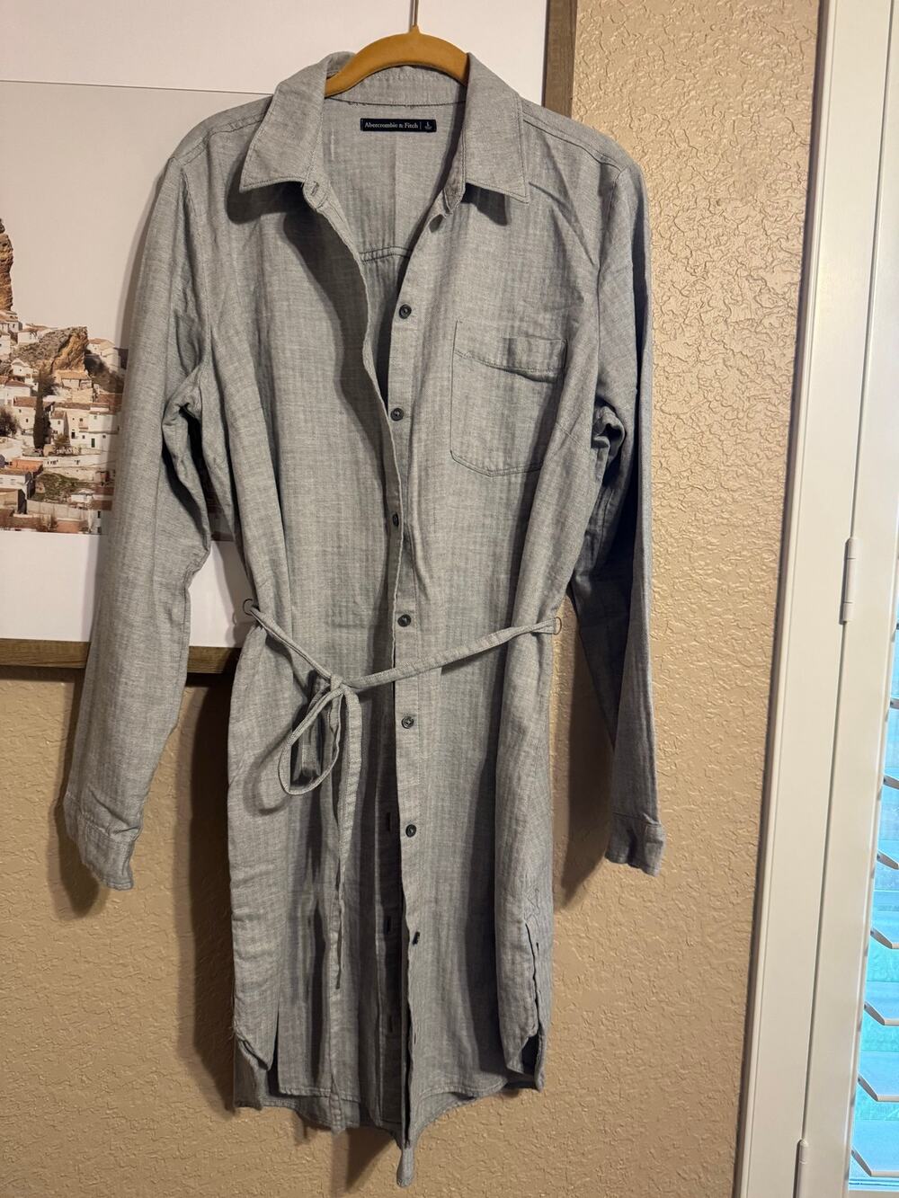 Abercrombie & Fitch Gray Herringbone Long Sleeve Tie-Waist Shirt Dress - L